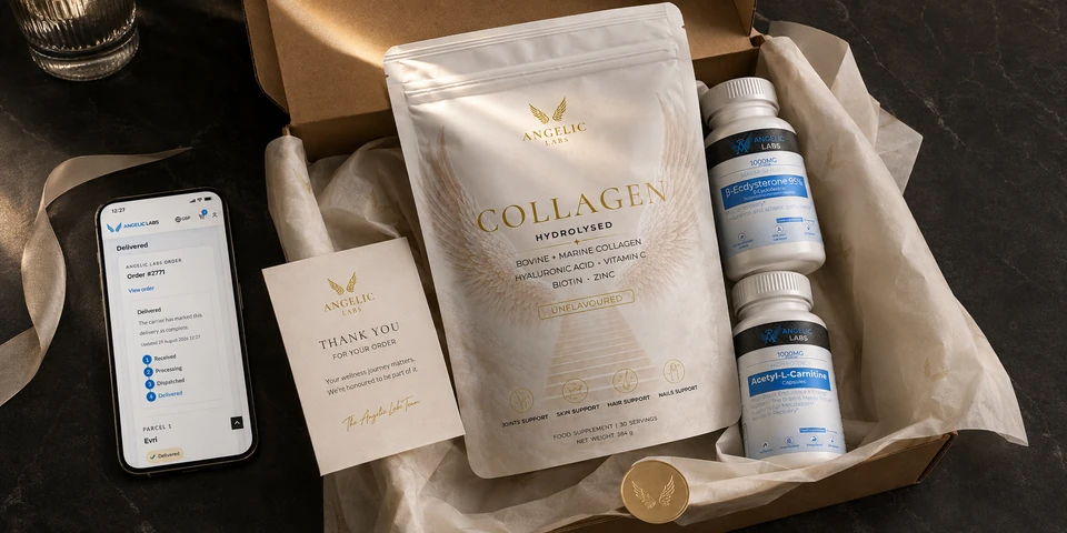 Angelic Labs delivery parcel with products, thank-you card and order tracking screen