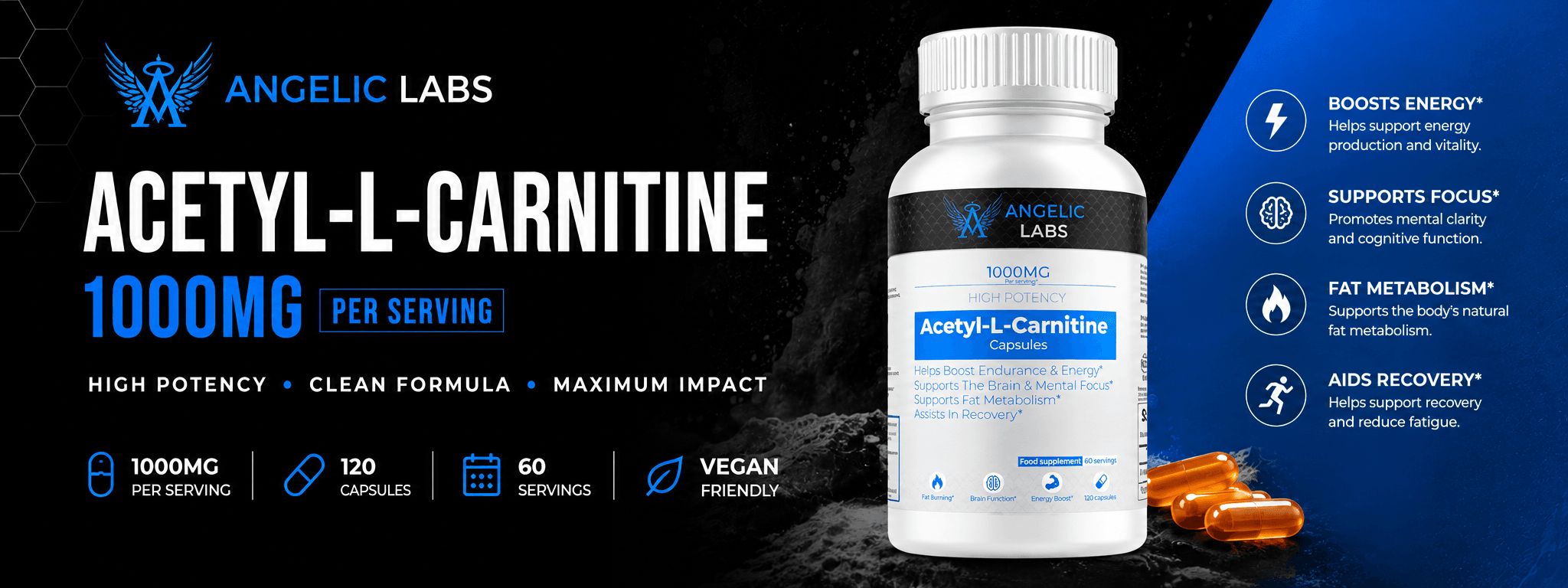 Angelic Labs Acetyl-L-Carnitine 1000mg with 120 capsules and 60 servings