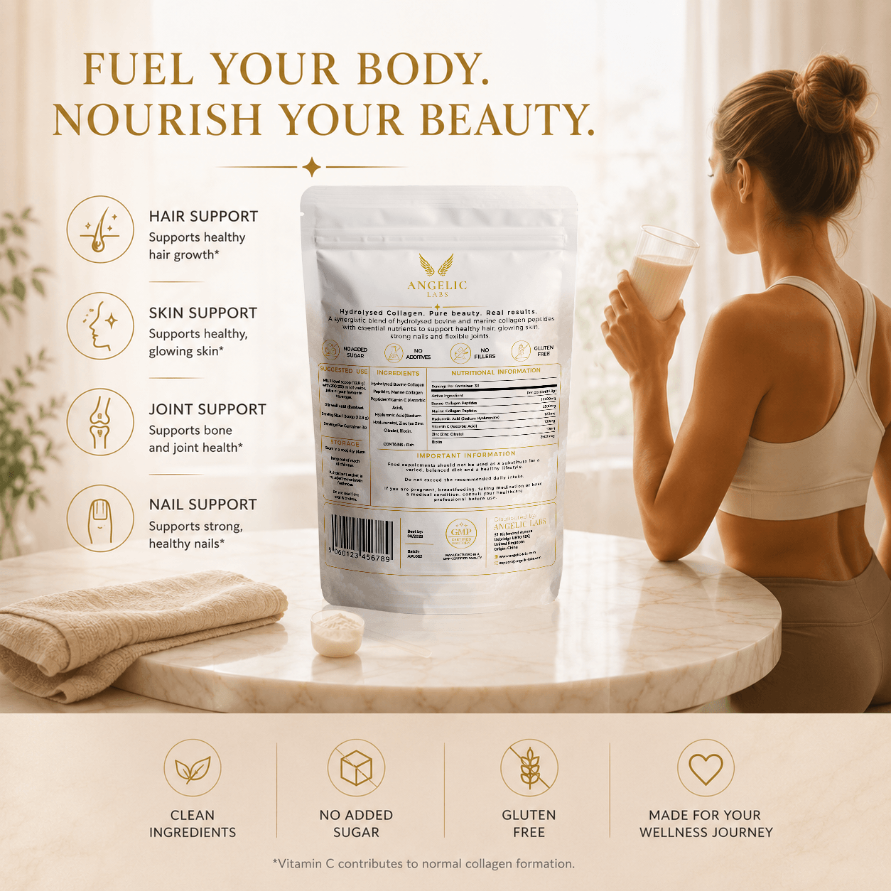 Hydrolysed Marine & Bovine Collagen Powder | Vitamin C, Hyaluronic Acid, Biotin & Zinc | Unflavoured | 30 Servings - Image 6