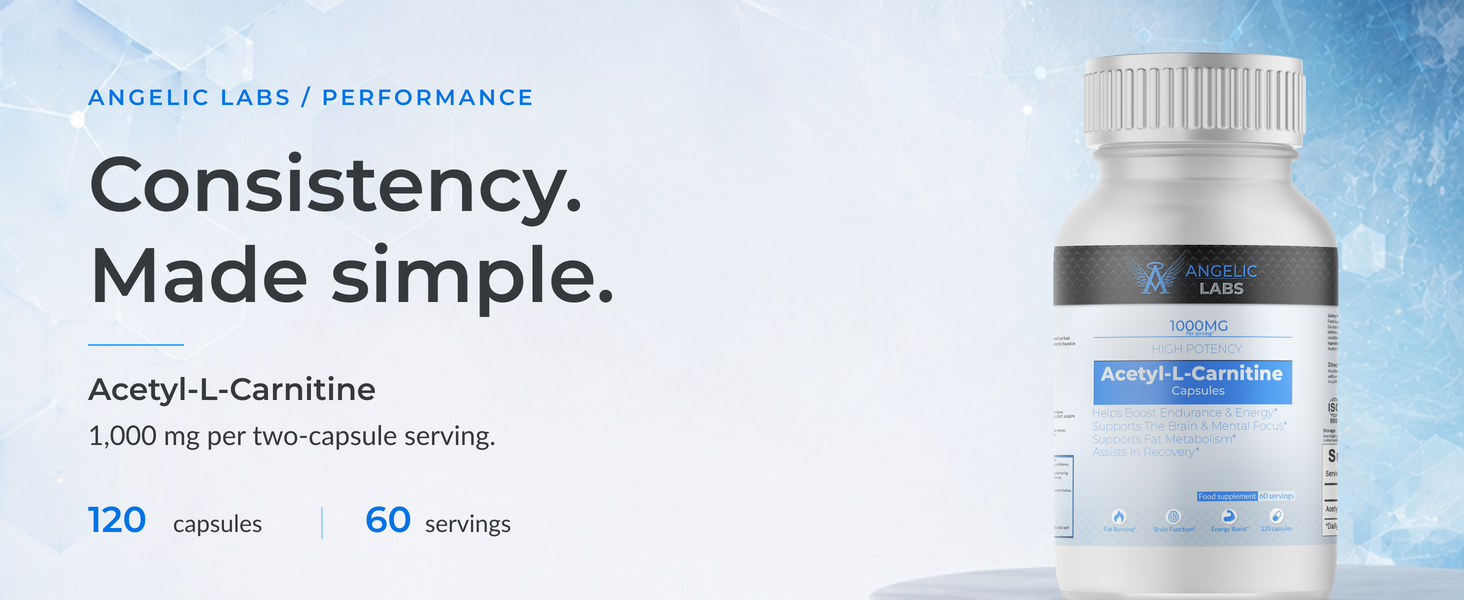 Angelic Labs Performance. Consistency. Made simple. Acetyl-L-Carnitine: 1,000 mg per two-capsule serving. 120 capsules, 60 servings.