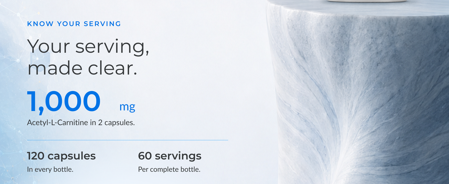 Know your serving. 1,000 mg Acetyl-L-Carnitine in two capsules. Each bottle contains 120 capsules and 60 complete servings.