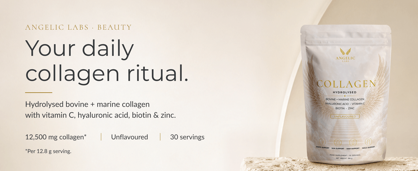 Angelic Labs Beauty. Your daily collagen ritual. Hydrolysed bovine and marine collagen with vitamin C, hyaluronic acid, biotin and zinc. 12,500mg collagen per 12.8g serving. Unflavoured. 30 servings.
