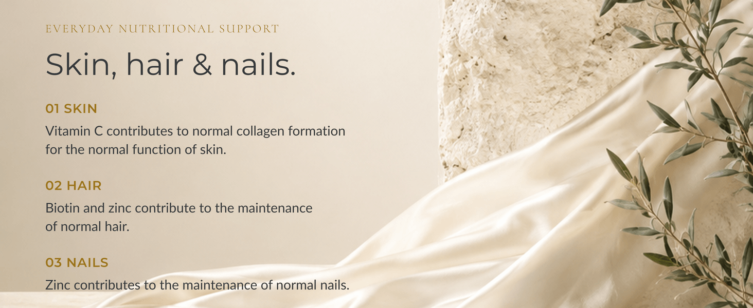 Skin, hair and nails. Vitamin C contributes to normal collagen formation for the normal function of skin. Biotin and zinc contribute to the maintenance of normal hair. Zinc contributes to the maintenance of normal nails.